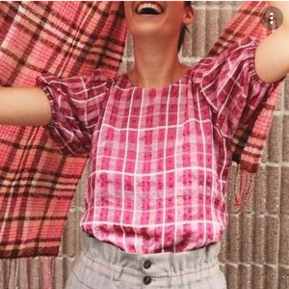 Madewell Plaid Puff-Sleeve Top in Pink